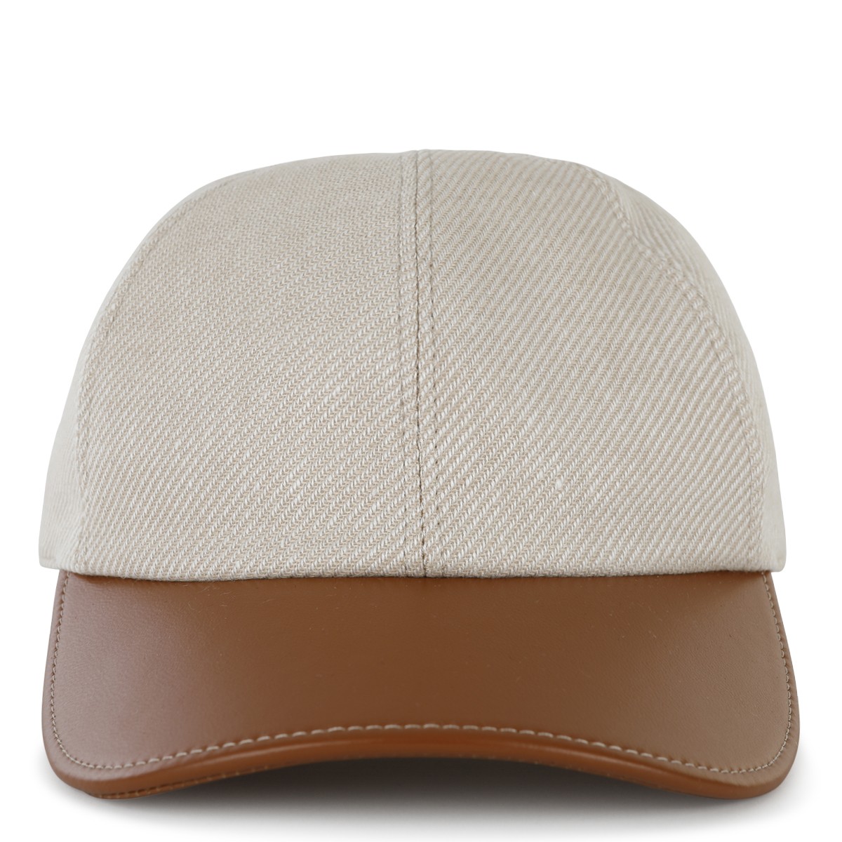 BEIGE CANVAS AND BROWN LEATHER BASEBALL CAP