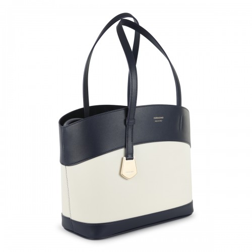 MIDNIGHT BLUE AND CREAM LEATHER TOTE BAG