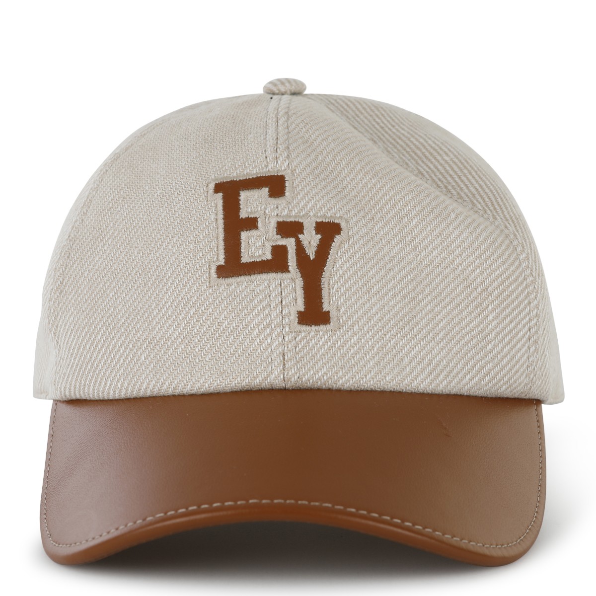 BEIGE CANVAS AND BROWN LEATHER BASEBALL CAP
