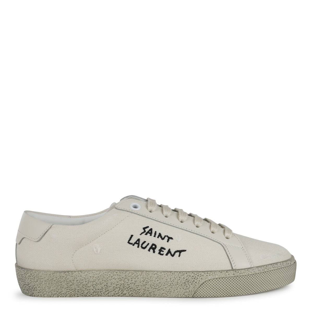 WHITE AND BLACK LEATHER AND CANVAS SNEAKERS