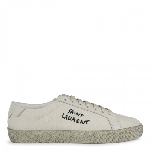 WHITE AND BLACK LEATHER AND CANVAS SNEAKERS