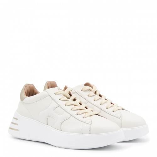 CREAM AND GOLD-TONE LEATHER SNEAKERS