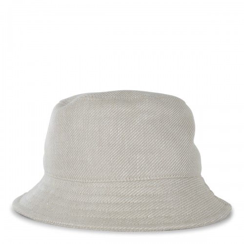 BEIGE CANVAS AND BROWN LEATHER BUCKET HAT