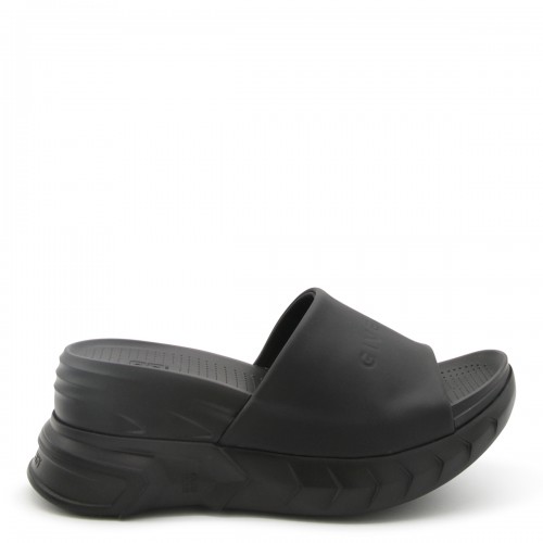 BLACK LEATHER MARSHMALLOW WEDGE SANDALS