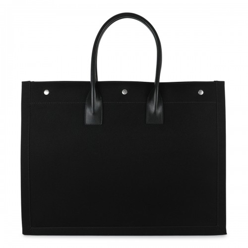 BLACK LEATHER AND CANVAS RIVE GAUCHE TOTE BAG