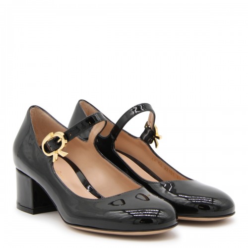 BLACK LEATHER RIBBON PUMPS