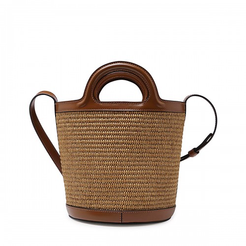 BROWN LEATHER AND RAFFIA BUCKET BAG