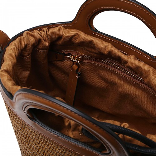 BROWN LEATHER AND RAFFIA BUCKET BAG