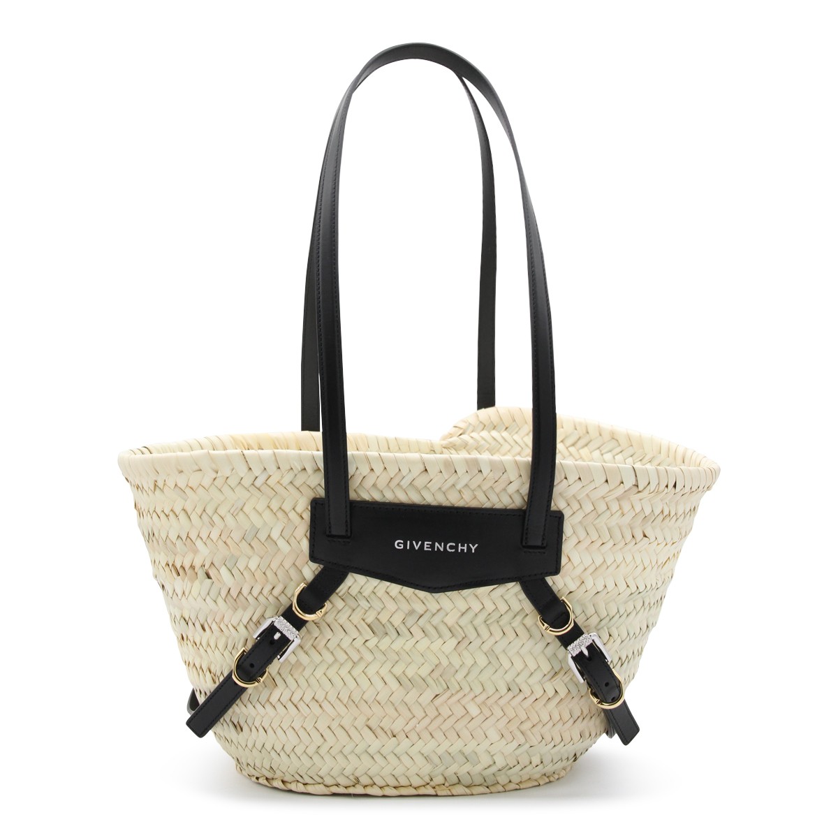 RAFFIA AND BLACK LEATHER BOYOU BASKET SMALL TOTE BAG