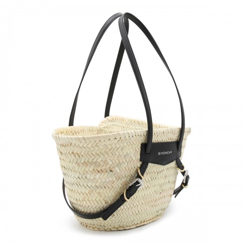 RAFFIA AND BLACK LEATHER BOYOU BASKET SMALL TOTE BAG