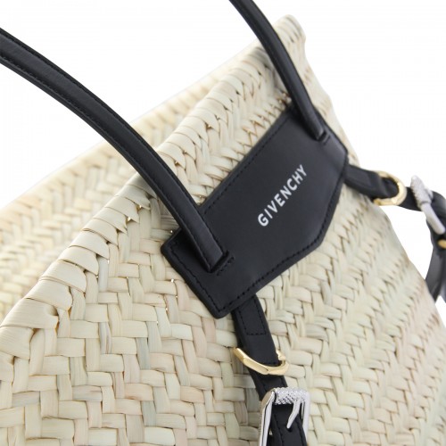 RAFFIA AND BLACK LEATHER BOYOU BASKET SMALL TOTE BAG