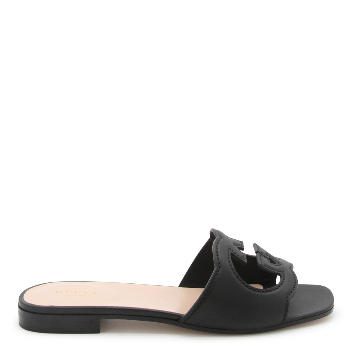 BLACK LEATHER GG CROSS CUT OUT SANDALS