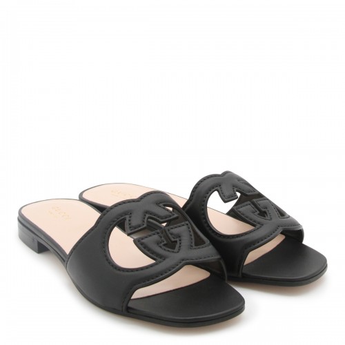 BLACK LEATHER GG CROSS CUT OUT SANDALS