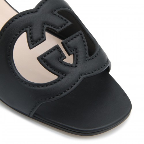 BLACK LEATHER GG CROSS CUT OUT SANDALS