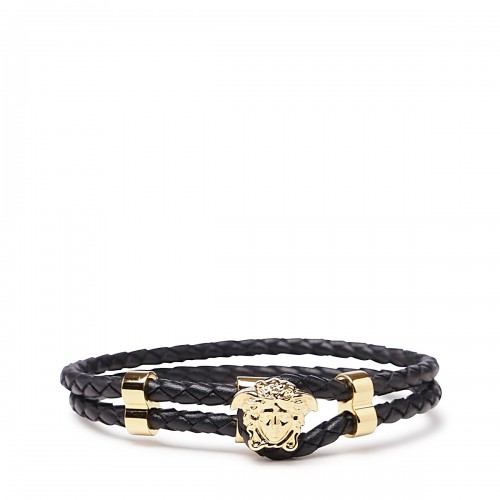 BLACK LEATHER AND GOLD-TONE BRASS MEDUSA BRACELET