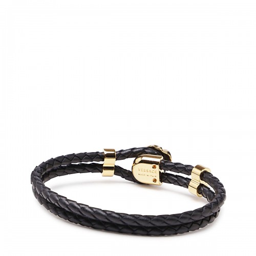 BLACK LEATHER AND GOLD-TONE BRASS MEDUSA BRACELET