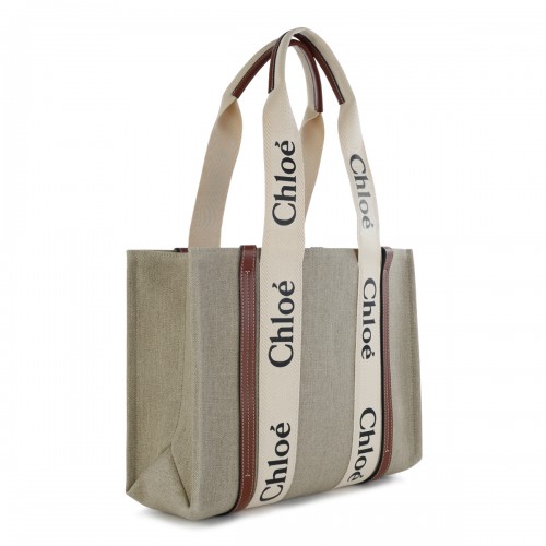 WHITE AND BROWN CANVAS WOODY MEDIUM TOTE BAG