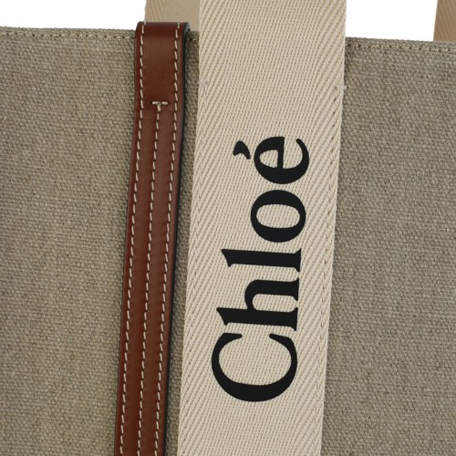 WHITE AND BROWN CANVAS WOODY MEDIUM TOTE BAG