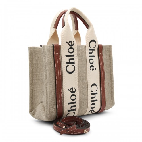 WHITE AND BROWN RAFFIA AND LEATHER WOODY TOTE BAG