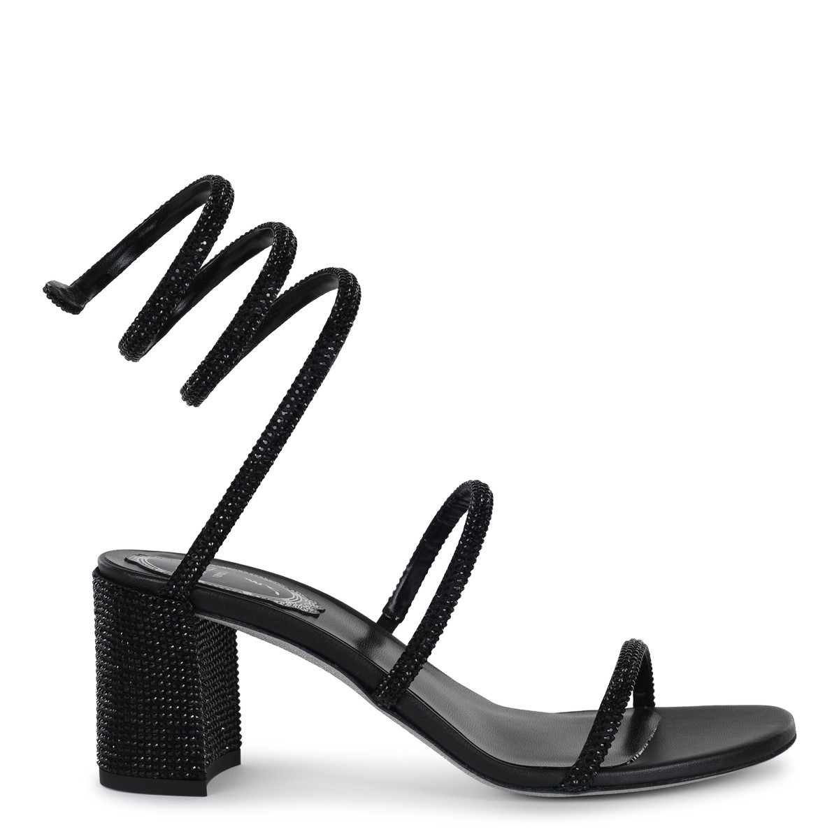 BLACK SATIN AND JET STRASS LEATHER CLEO SANDALS