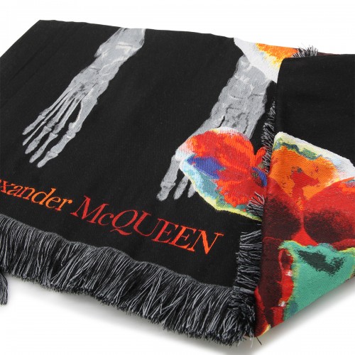 BLACK MULTICOLOUR SILK-WOOL BLEND ORCHID SKELETON SCARF