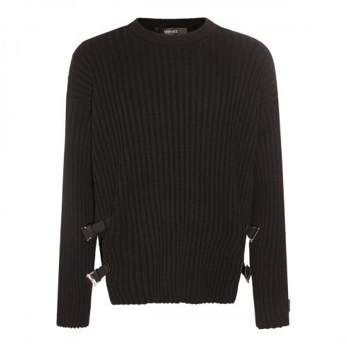 BLACK WOOL STRAPS SWEATER