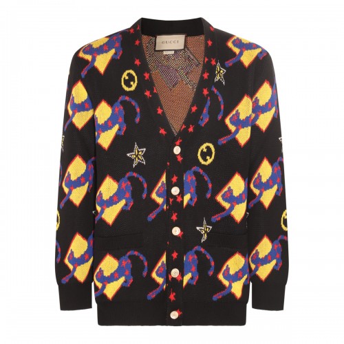 BLACK MULTICOLOUR COTTON-WOOL BLEND CARDIGAN