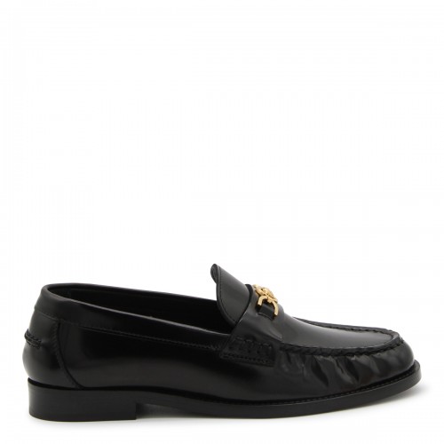 BLACK LEATHER AND GOLD HORSEBIT LOAFERS 