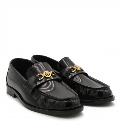 BLACK LEATHER AND GOLD HORSEBIT LOAFERS 