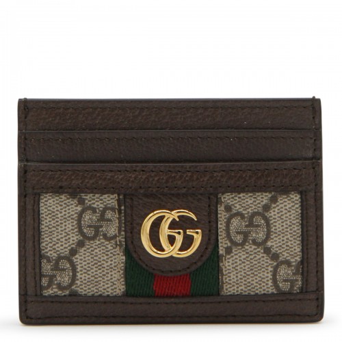 BROWN LEATHER AND CANVAS OPHIDIA GG SUPREME CARD HOLDER