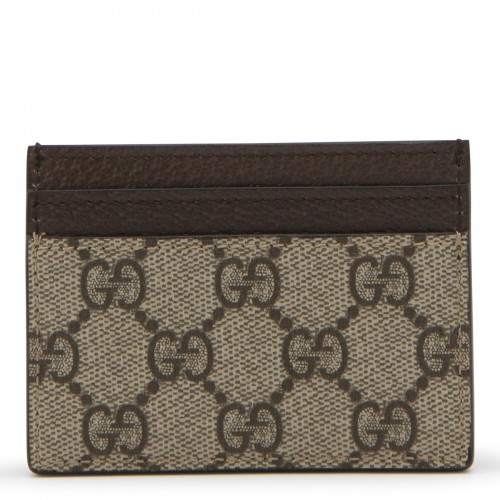 BROWN LEATHER AND CANVAS OPHIDIA GG SUPREME CARD HOLDER