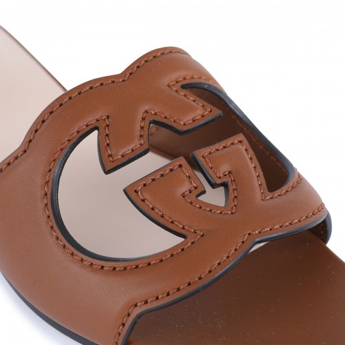 BROWN LEATHER GG CROSS CUT SANDALS