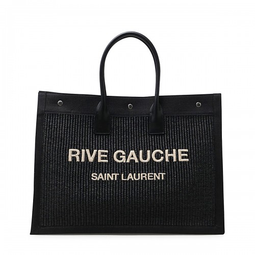 BLACK LEATHER AND CANVAS RIVE GAUCHE TOTE BAG