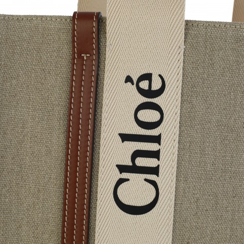 WHITE BROWN CANVAS WOODY MEDIUM TOTE BAG