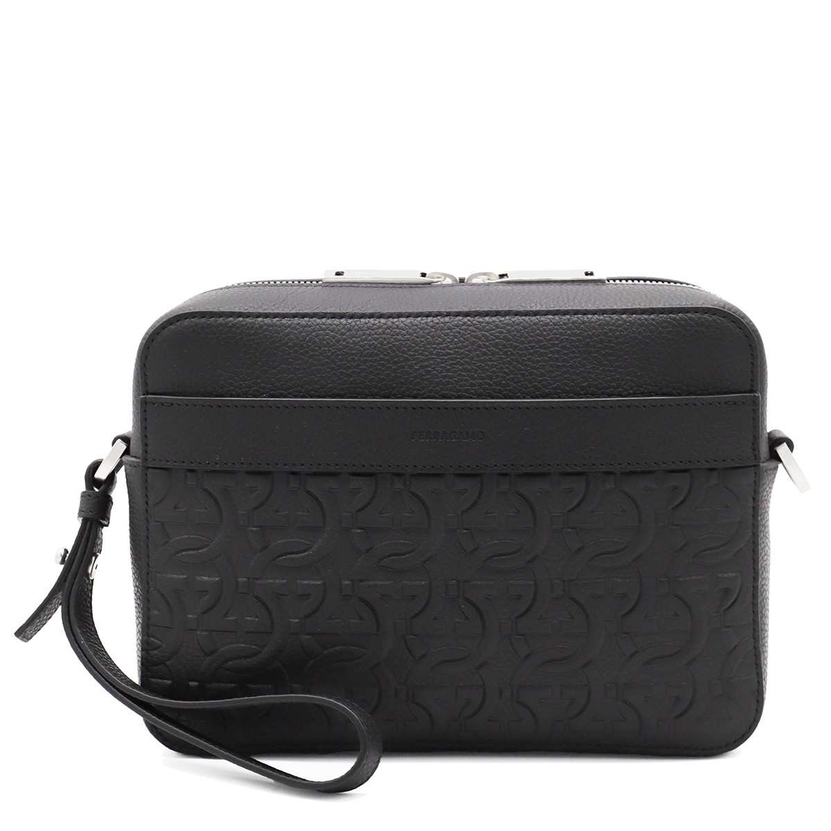 BLACK LEATHER TRAVEL EMBOSSED CROSSBODY BAG
