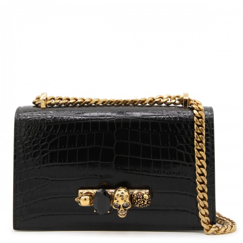 BLACK LEATHER JEWELLED SHOULDER BAG