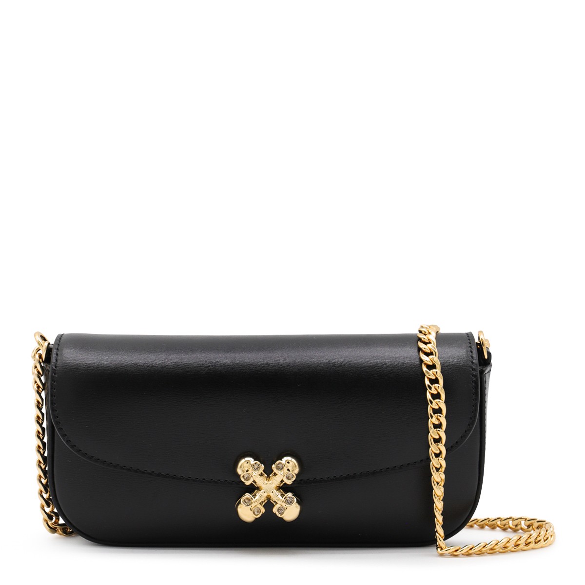 BLACK LEATHER SKULL FLOWER SMALL SHOULDER BAG