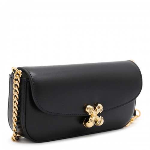 BLACK LEATHER SKULL FLOWER SMALL SHOULDER BAG