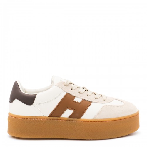 WHITE AND BROWN LEATHER SNEAKERS