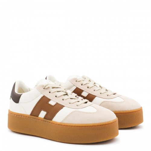 WHITE AND BROWN LEATHER SNEAKERS