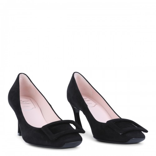 BLACK LEATHER TROMPETTE PUMPS
