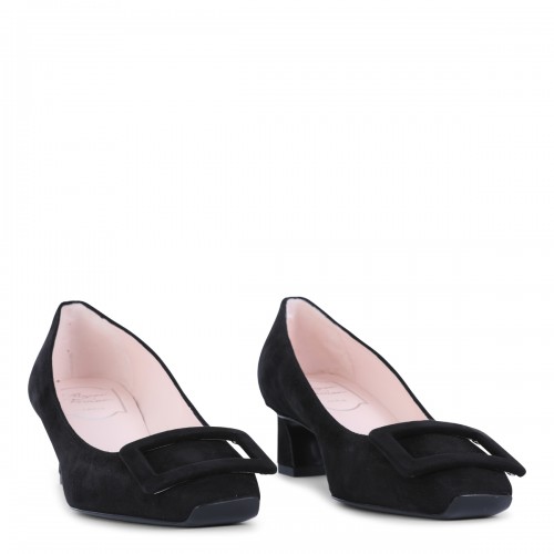 BLACK LEATHER TROMPETTE PUMPS