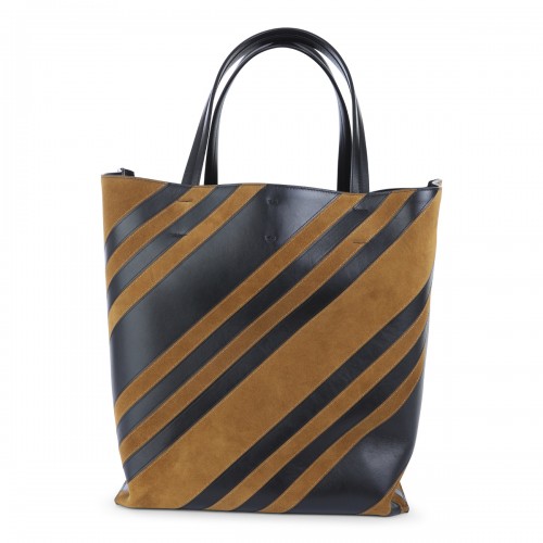 BLACK AND BROWN LEATHER TOTE BAG