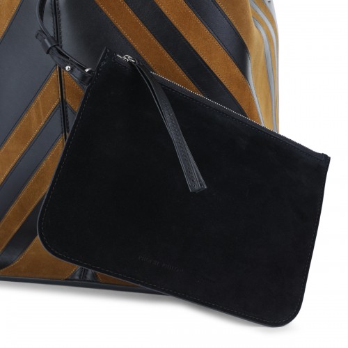 BLACK AND BROWN LEATHER TOTE BAG