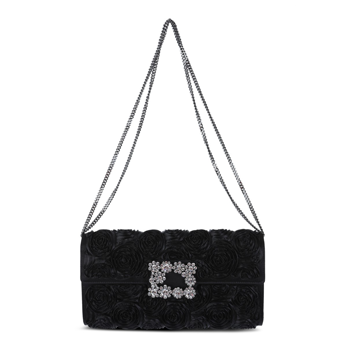 BLACK LEATHER FLAP FLOWER CLUTCH