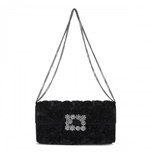 BLACK LEATHER FLAP FLOWER CLUTCH