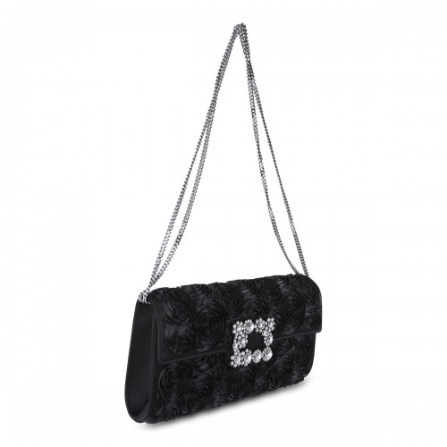 BLACK LEATHER FLAP FLOWER CLUTCH