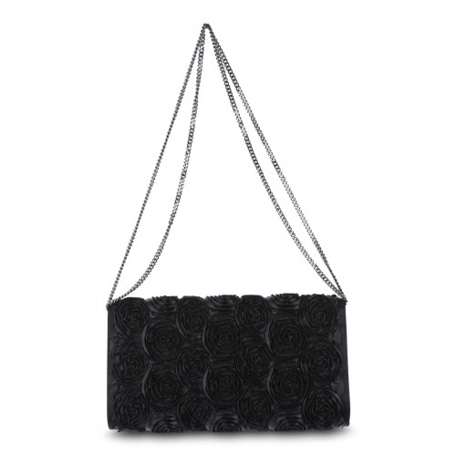 BLACK LEATHER FLAP FLOWER CLUTCH