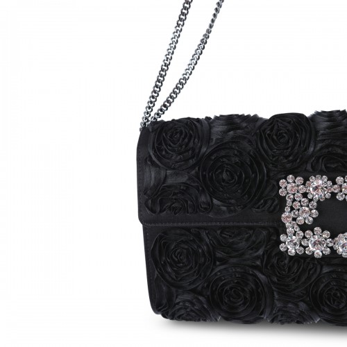 BLACK LEATHER FLAP FLOWER CLUTCH