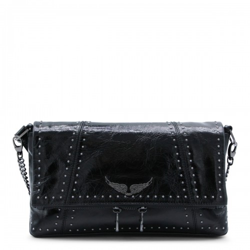 BLACK LEATHER ROCK II VINTAGE PATENT STUDS SHOULDER BAG